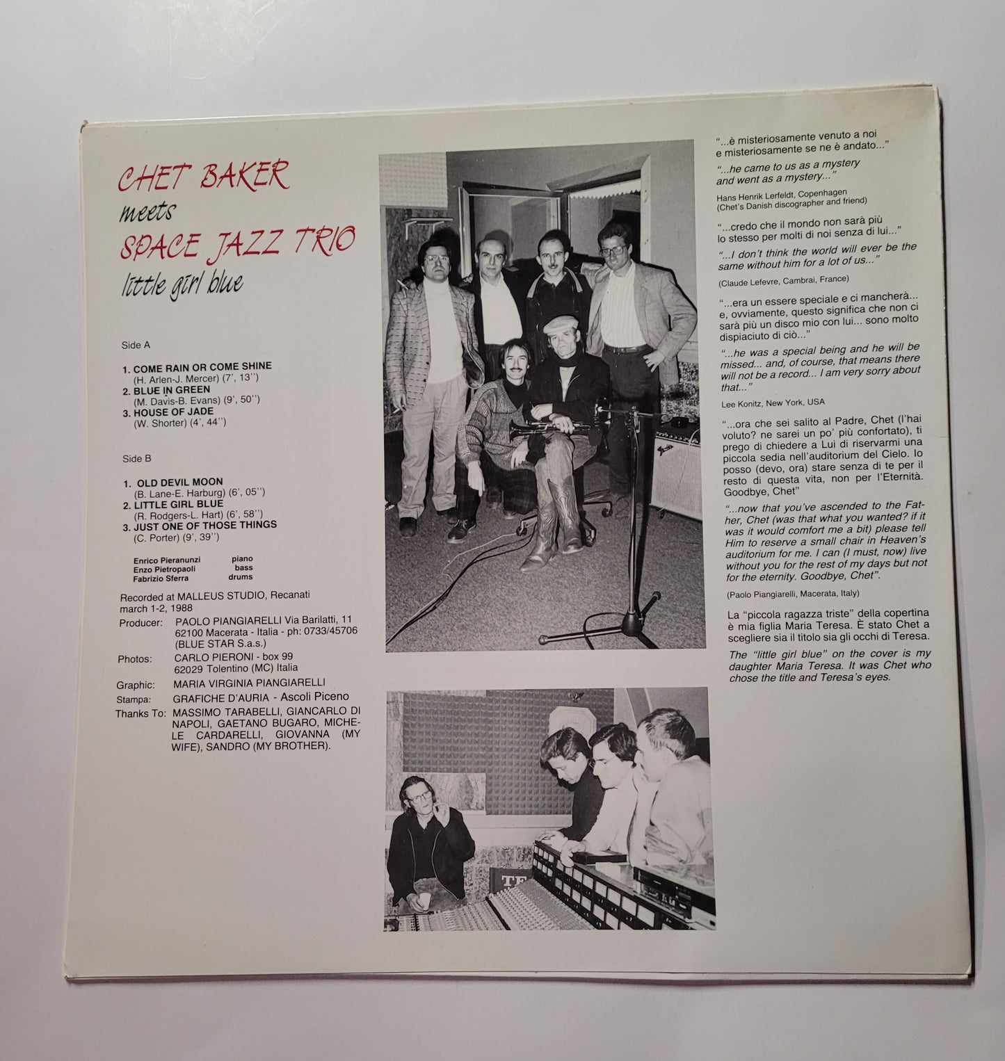 Chet Baker Meets Space Jazz Trio – Little Girl Blue (1988 Italian Pressing on Philology)