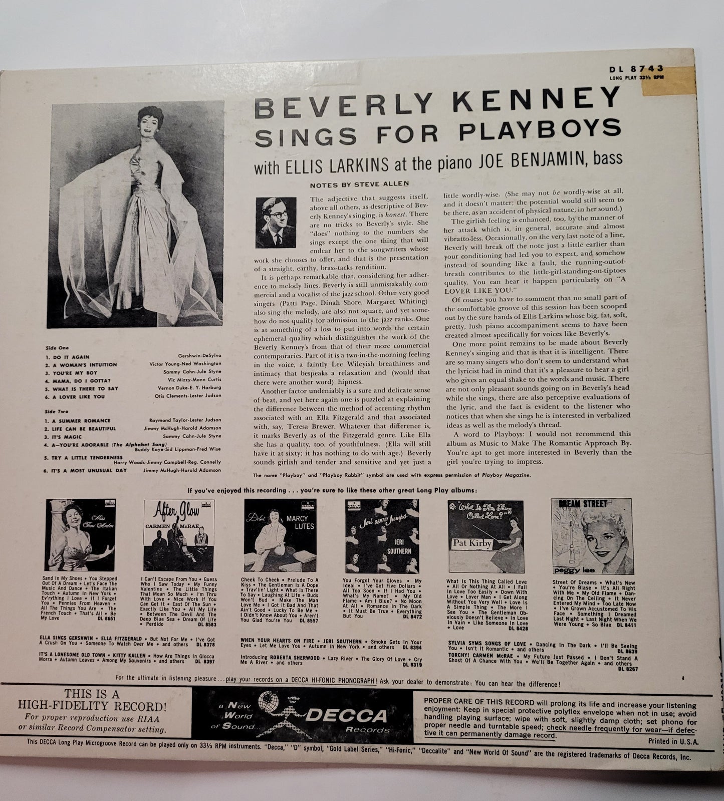 Beverly Kenney – Sings for Playboys (Original Decca Pressing, Complete with Inserts)