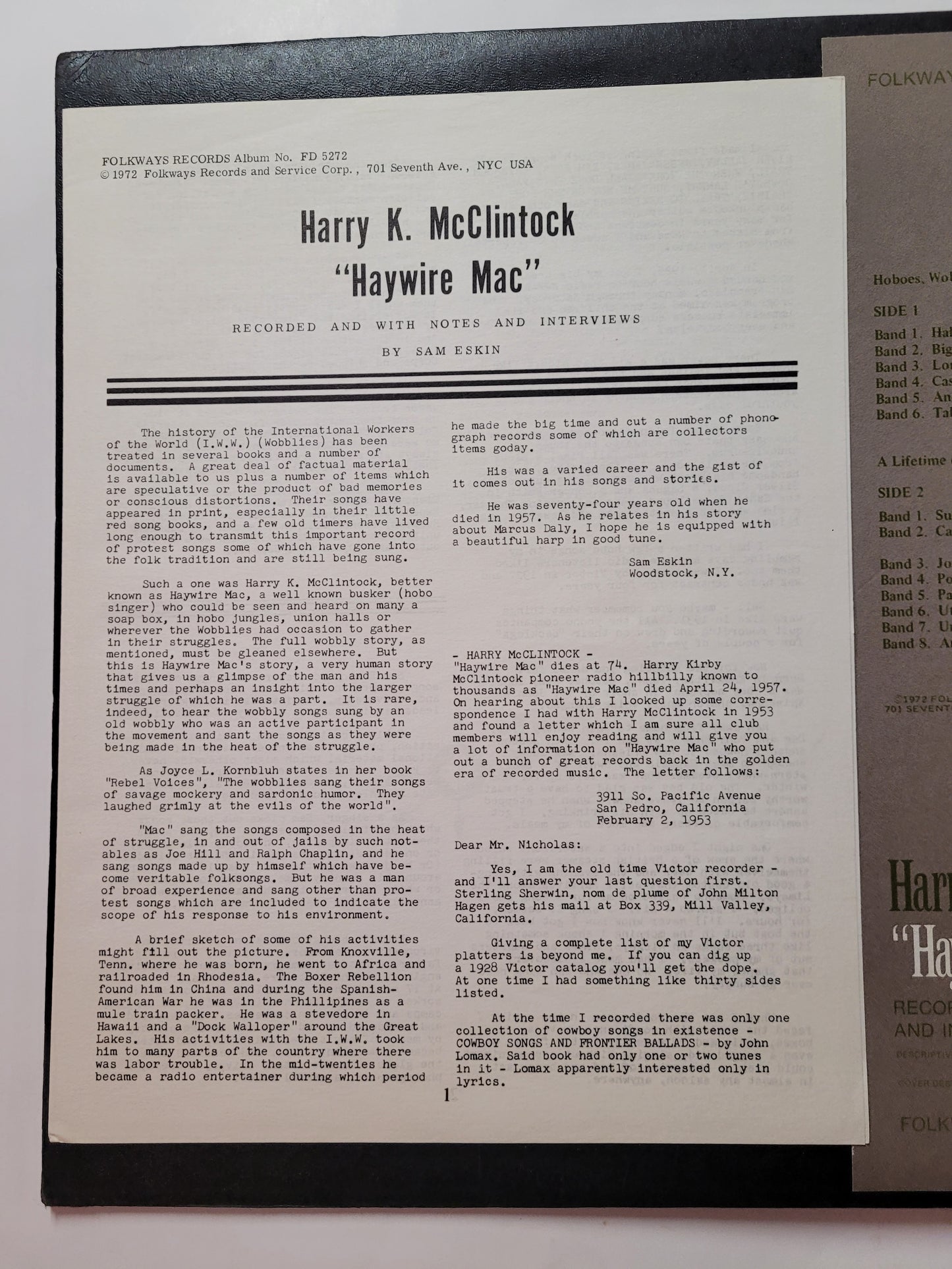 Harry K. McClintock - Haywire Mac (1972 Folkways Pressing) with Booklet