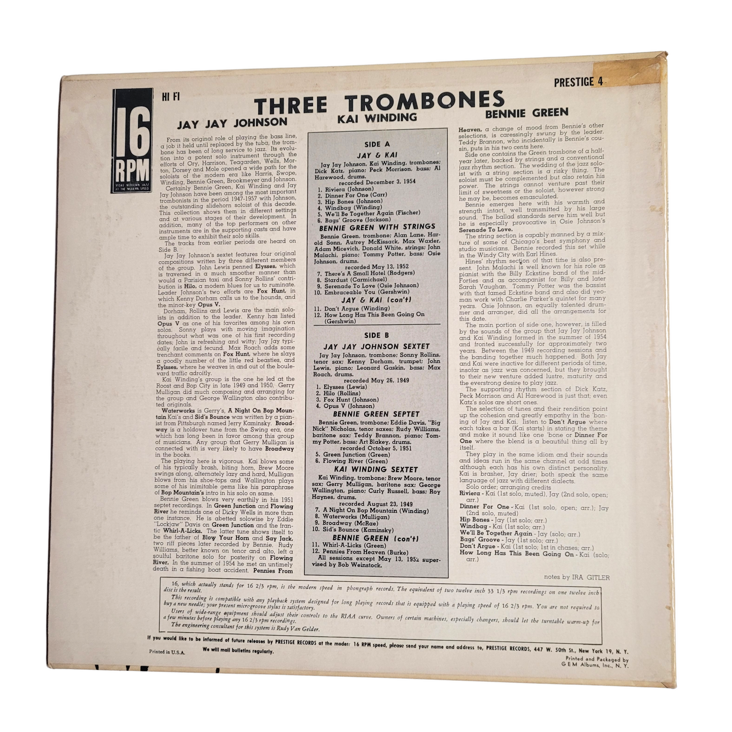 Trombone By Three by Jay Jay Johnson, Kai Winding and Bennie Green. 16 RPM Record